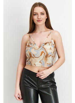 Buy Women V-Neck Tie Sleeve Printed Crop Top, Brown Combo in UAE