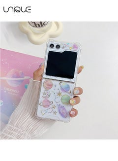 Buy For Samsung Z Flip 5 5G Case Space Theme Clear with Design Bling Glitter Sparkly Stars and Moon Planet Durable Shockproof Transparent Universe Phone Protective Cover Women Girls Z5 Flip in UAE