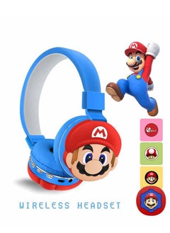 اشتري Blue Mario pattern Bluetooth wireless headphones for children, folding headphones for children's noise reduction, suitable for children's stereo headphones for TF cards, mobile phones, tablets في السعودية