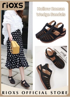 Buy Women's Hollow Roman Wedge Sandals Round Open Toe Sandals Comfortable Buckle Sandals in UAE