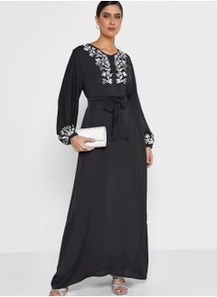 Buy V-Neck Embellished Belted Jalabiya in UAE