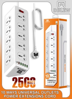 Buy 2500W 10 Ways Outlet Universal Extension Lead With 30W QC 3.0 PD USB-C Charging Port And 5 USB-A Slots Power Strip Plug Extension Electrical Socket 2 Meter Extension Cord For Home Office Surge Protect in UAE