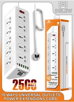 Buy 2500W 10 Ways Outlet Universal Extension Lead With 30W QC 3.0 PD USB-C Charging Port And 5 USB-A Slots Power Strip Plug Extension Electrical Socket 2 Meter Extension Cord For Home Office Surge Protect in UAE