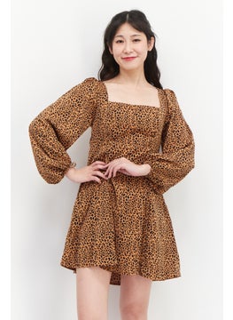 اشتري Women Petite Animal Print Long Sleeve Mini Dress, Brown/Black في الامارات