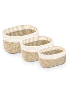 اشتري FCG Home - Rope Woven Storage Baskets Set of 3 - Small Rope Baskets for Shelves Bathroom, Nursery Organizer Bins for Baby Toys (Brown & White) في الامارات