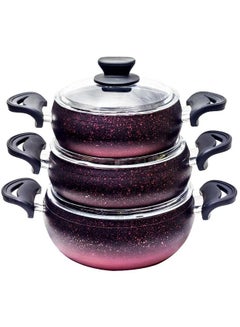 Buy 6-Piece Granite Cookware Set, Small Pot (18 cm), Medium Deep Pot (20 cm), Large Pot (22 cm) Black/pink in UAE