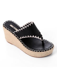 اشتري Leather & Straw Thong Slip On Platform Slippers - Black في مصر