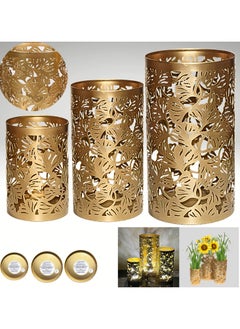 اشتري Arabic Lantern Metal Candle Holder Decor Set of 3 -  Design in Golden Moroccan | Perfect for Tabletop Centerpieces & Home Decor |  Decoration for Indoor Outdoor use في الامارات