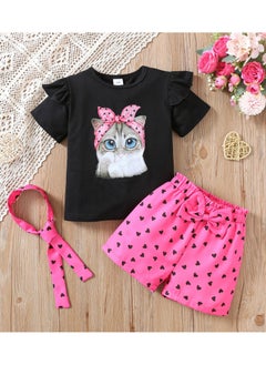 Buy 3pcs, Cartoon Cat Graphic Frill Trim Short Sleeve, Crew Neck T-shirt + Heart Pattern Shorts With headband Set For Girls, Comfy And Trendy Suit Summer Gift Holiday Set in UAE