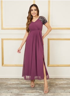 Buy Sequin Detail Sleeves Pleated Maxi Dress with Side Slit in Saudi Arabia