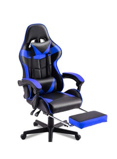 Buy Gaming Chair Durable Leather Seat 360° Gaming Chair with Footrest Adjustable Swivel Task Chair with Headrest Blue in UAE