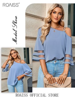 Buy Women's T-Shirt European and American Style Fashion Casual Solid Color Metal Buckle One-Shoulder Top Slanted Collar Short-Sleeve in UAE