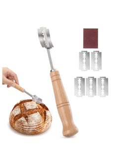 اشتري SYOSI Premium Bread Lame Tool Hand Crafted Bread Lame Dough Scoring Tool Easy to Lame Bread Clean Stainless Steel Sourdough Scoring Tool Bread Scoring Tool with Leather Cover(5 Blades) في الامارات