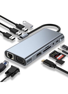 اشتري محور USB-C متعدد الوظائف 11 في 1 مع HDMI 4K، VGA، شحن PD، USB 3.0، إيثرنت، قارئ بطاقات SD/TF، منفذ AUX – محطة توصيل متوافقة مع MacBook Pro/Air وأجهزة الكمبيوتر المحمولة بمنفذ Type-C في الامارات