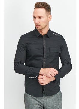 Buy Men Boxy Fit Embroidered Long Sleeve Casual Shirt, Black in UAE