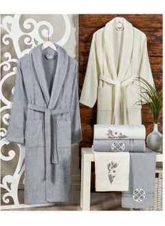 Buy 6-Piece Turkish Velour Cotton Family Bathrobe Set with Matching Bath Towels and Hand Towels Grey/Ivory in UAE