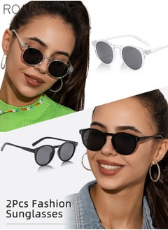 Buy 2Pcs Round Sunglasses for Men Women, UV400 Protection Sun Glasses, Fashion Decorative Eyewear for Outdoor Party Street Photography, Black and Clear in UAE