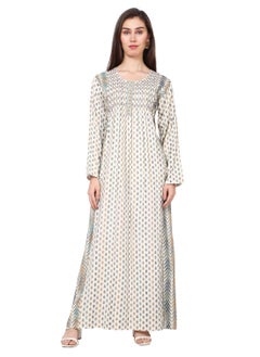 Buy CASUAL UNIQUE PRINTED DESIGN WITH FRONT EMBROIDERY SMOCKING ARABIC KAFTAN JALABIYA DRESS in Saudi Arabia