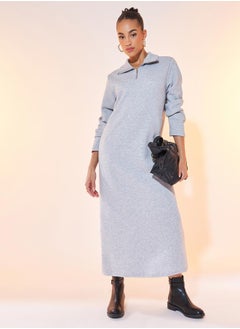 Buy Solid Half-Zip Long Sleeve Maxi Dress in Saudi Arabia