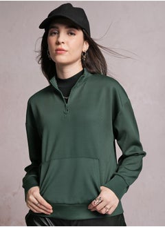 Buy Solid High Neck Sweatshirt with Half Zip Closure in Saudi Arabia