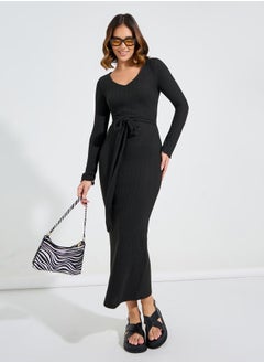 Buy Rib V Neck Maxi Dress with Tie Waist in Saudi Arabia