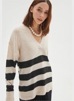 Buy V-Neck Striped Knitted Sweater in UAE