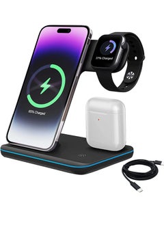 اشتري Wireless Charger – 3 in 1 Charging Station with USB Data Cable – Charging Station for iPhone 14/13/12/11 Pro/XS, Air Pods 3/2/1/pro, iWatch Series, Samsung and Qi-Certified Phones في الامارات