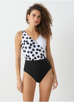 Buy Women's Polyester Two-tone one-piece polka dot swimsuit Slim Fit Multicoloured in UAE