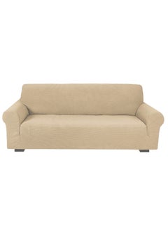 Buy Stretch Fit 3-Seater Sofa Cover Soft Brushed Fabric Couch Cover Exquisitely Full Coverage Furniture Protector Slipcover Three Seater Fits on Standard and Recliner Sofa 185-235cm Size Cream in UAE