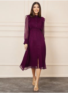 Buy Shiny Organza Frill Detail High Neck A-Line Midi Dress in Saudi Arabia