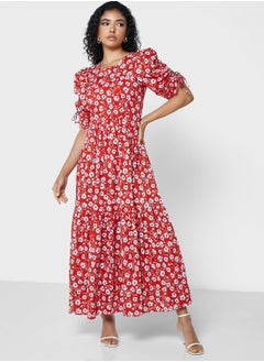 Buy Floral Print Ruched Sleeve Dress in UAE