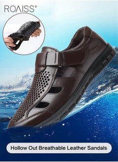 اشتري Men's Summer Breathable Mesh Leather Shoes Side Hollowed Out Velcro Business Pu Leather Sandals Casual Fashion Anti-Skid Sandals في الامارات