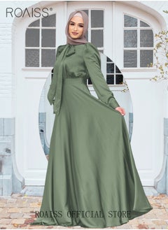 Buy Women's Silk Dress Satin Long-Sleeved Dress Fashion Large Hemline High Waistline Trailing Floor in UAE