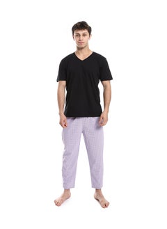 Buy Short Sleeve Checkered Pattern Pants Pajama Set _ Black & Purple in Egypt