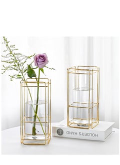 اشتري Glass Flower Vase Set of 2 for Living Room Bedroom 9.25'' Clear Hydroponic Plant Vases with Gold Metal Frame Stand 2 Pack Modern Classic Geometric Creative Home Office Decoration في الامارات