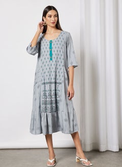 Buy All Over Printed Round Neck Three Quarter Sleeve Jalabiya With Facemask in UAE