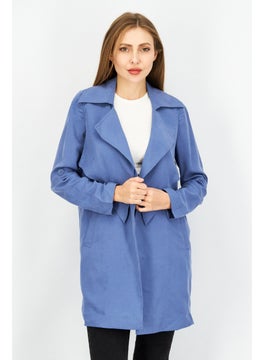 Buy Women Plain Split Neck Long Sleeves Trench Coat, Blue in UAE