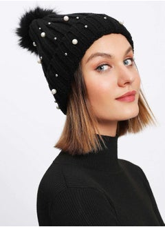 Buy Pom Pom Faux Pearl Beanie Hat in UAE