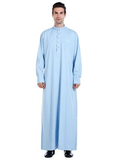 اشتري Mens Solid Color Muslim Clothing Long Sleeve Kaftan Robe With Pockets And Button Islamic Arabic Abaya Clothes Sky Blue في السعودية