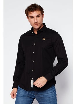 Buy Men Slim Fit Embroidered Logo Long Sleeves Casual Shirt, Black in Saudi Arabia