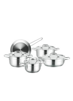 Buy 9-Piece Stainless Steel Alpha Cookware Set With 5-Layers Induction Bottom; Sizes 16,20,24,24,24CM Silver in Saudi Arabia