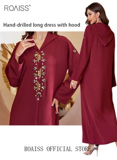 Buy Women Luxury Hooded Maxi Dresses Modern Stylish Abaya Hand Sewn Drill Beading Dress Middle East Arabic Banquet Wedding Party Dress Long Sleeve All Season Women's Clothing Wine Red in UAE