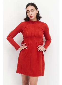 اشتري Women Mock Neck Knitted Mini Dress, Red في الامارات