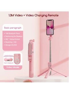 Buy Extendable Selfie Stick, Tripod Stand with Remote Control, Portable and Lightweight, Suitable for Apple/Android Phones, Pink, 1.3m in Saudi Arabia