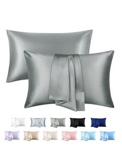 Buy 2-Piece Simple Solid Colour Silk Satin Pillow Case with Envelope Closure for Hair and Skin Dark Grey 51x76/51x102cm in UAE