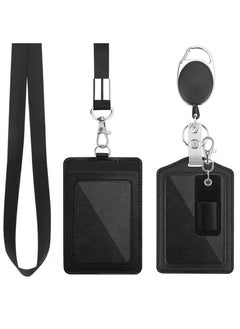 Buy Office Badge Holder, Vertical PU Leather ID Card Holder with 1 Clear Window, Detachable Neck Lanyard Strap, Retractable Reel Holders Set and Pen Case in Saudi Arabia