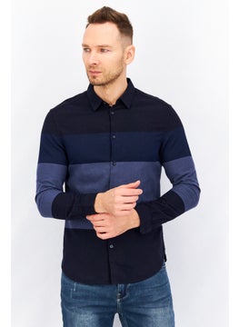 Buy Men Regular Fit Pointed Collar Long Sleeves Colorblock Casual Shirt, Navy Blue in UAE