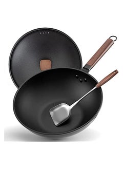 Buy Carbon Steel Wok, 30cm Wok Pan with Lid and Spatula, Nonstick Woks and Stir-fry Pans, No Chemical Coated Flat Bottom Chinese Wok in UAE