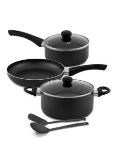 Buy 7 Piece Aluminium Nonstick Cookware Set,10X Tougher Coating,Casserole With Lid(24cm),Saucepan With Lid(18cm),Tempered Glass Lids, Frypan(24cm),2 Nylon Spatula, Compatible For all Surface-NCS7G in Saudi Arabia