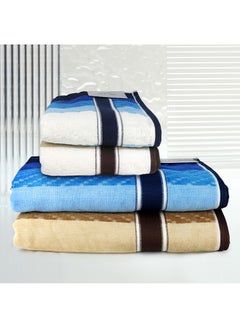 اشتري 4 Piece Bathroom Towel Set ZICZAC 500 GSM 100% Cotton Velour 2 Bath Towel 70X140 cm & 2 Hand Towel 50x90 cm Blue & Brown Color Modern Stripe Design Luxury Touch Extra Absorbent في الامارات